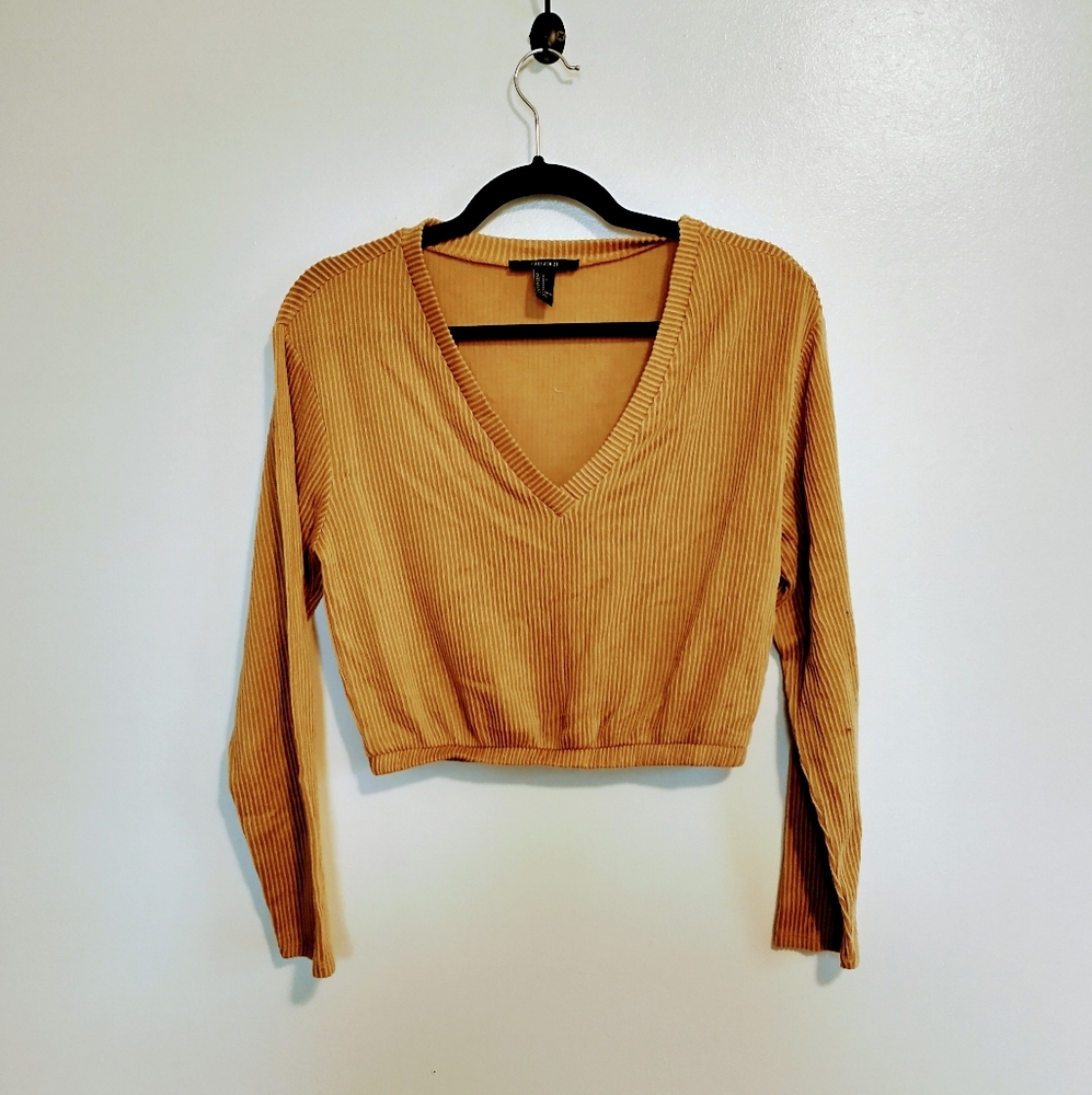 Forever 21 yellow ribbed long sleeve crop top with v neck size small